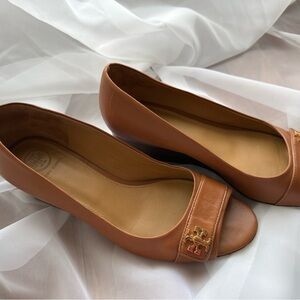 Tory Burch Light Brown Peep-Toe Wedges
